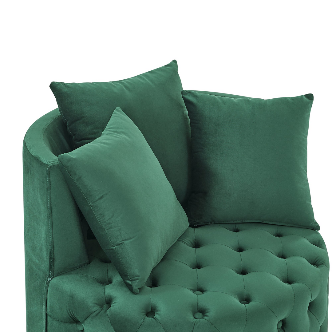 Boho Aesthetic Velvet Upholstered Swivel Chair for Living Room, with Button Tufted Design and Movable Wheels, Including 3 Pillows, Green | Biophilic Design Airbnb Decor Furniture 