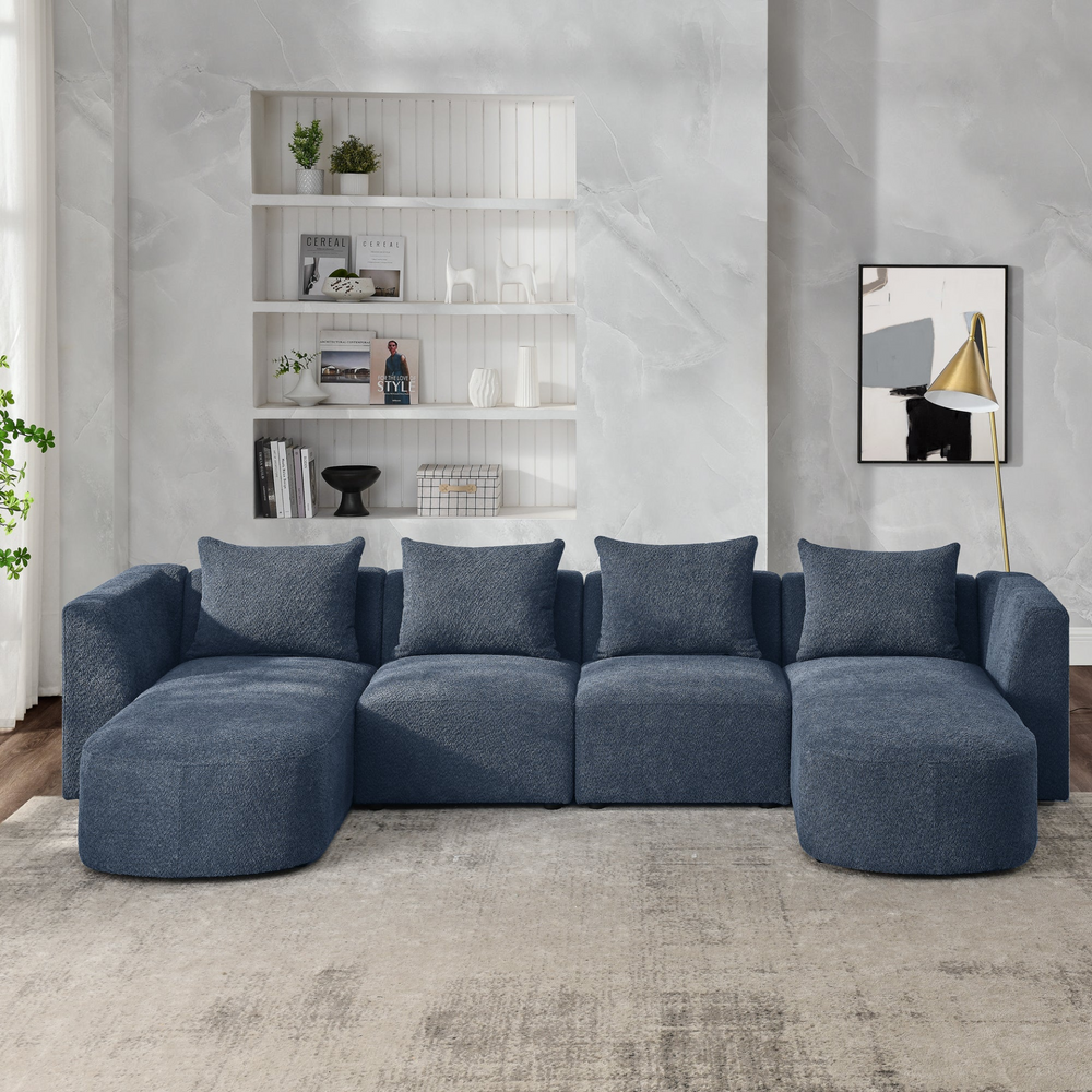 Boho Aesthetic Navy Large U Shaped Sectional Sofa | Biophilic Design Airbnb Decor Furniture 