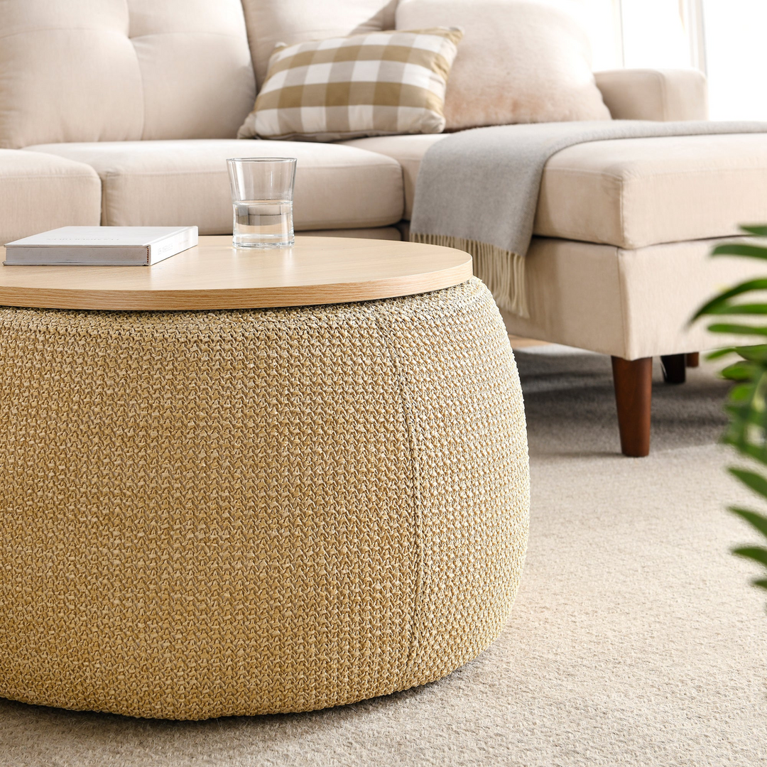 Boho Aesthetic Round Storage Ottoman, 2 in 1 Function, Work as End table and Ottoman, Natural (25.5"x25.5"x14.5") | Biophilic Design Airbnb Decor Furniture 