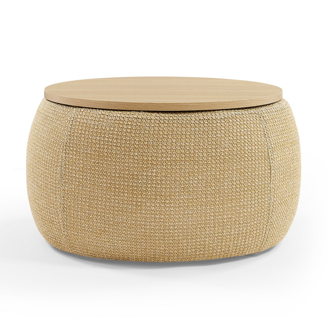Boho Aesthetic Round Storage Ottoman, 2 in 1 Function, Work as End table and Ottoman, Natural (25.5"x25.5"x14.5") | Biophilic Design Airbnb Decor Furniture 