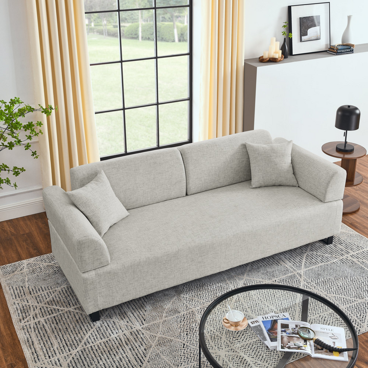 Boho Aesthetic Linen Fabric 3 Seat Sofa with Two End Tables and Two Pillows, Removable Back and Armrest, Morden Style Upholstered 3-Seat Couch for Living Room | Biophilic Design Airbnb Decor Furniture 