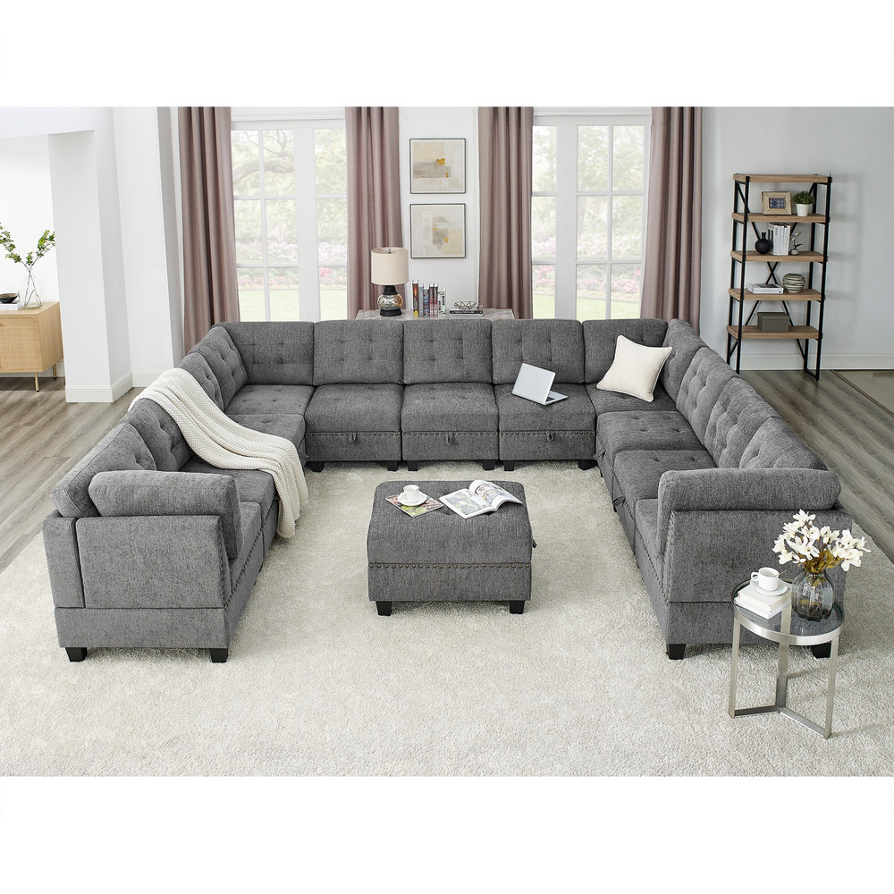 Boho Aesthetic U shape Modular Sectional Sofa,DIY Combination,includes Seven Single Chair, Four Corner and One Ottoman,Grey | Biophilic Design Airbnb Decor Furniture 