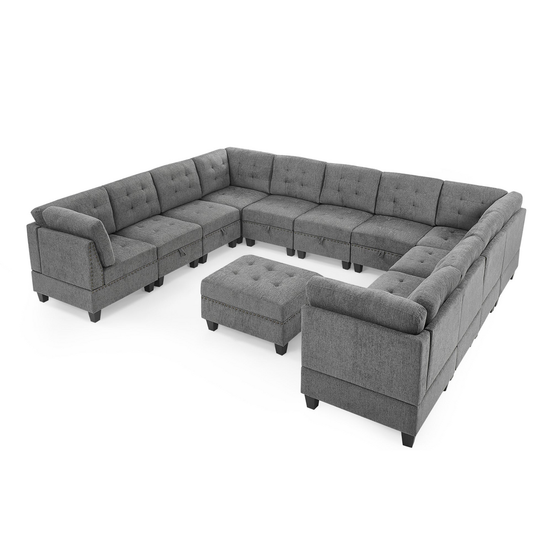 Boho Aesthetic U shape Modular Sectional Sofa,DIY Combination,includes Seven Single Chair, Four Corner and One Ottoman,Grey | Biophilic Design Airbnb Decor Furniture 