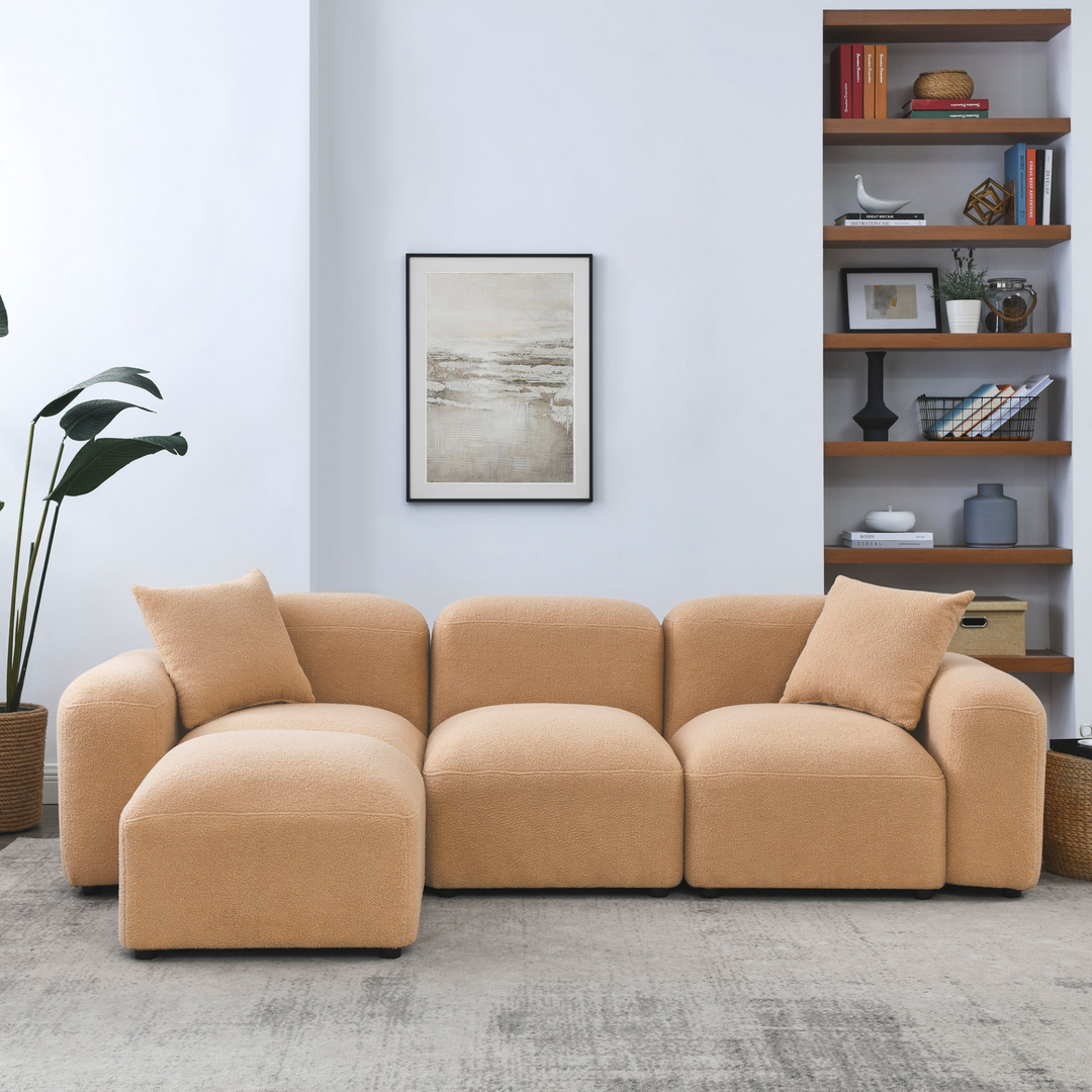 Boho Aesthetic L-Shape Modular Sectional Sofa, DIY Combination,Teddy Fabric,Camel | Biophilic Design Airbnb Decor Furniture 