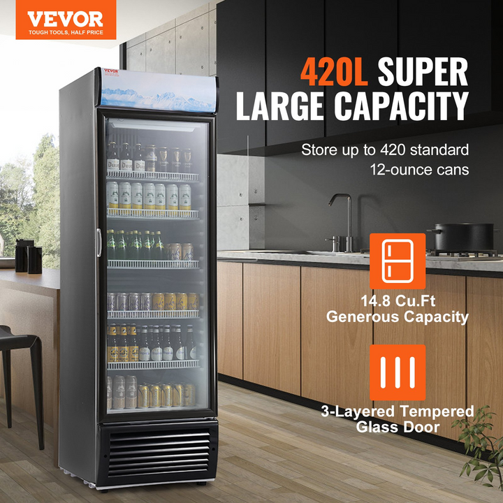 Boho Aesthetic VEVOR Commercial Merchandiser Refrigerator, 14.8 Cu.Ft / 420L Beverage Refrigerator Cooler Merchandiser, Glass Door Display Refrigerator Upright Fridge with 5 Adjustable Shelves, Customizable Lightbox | Biophilic Design Airbnb Decor Furniture 