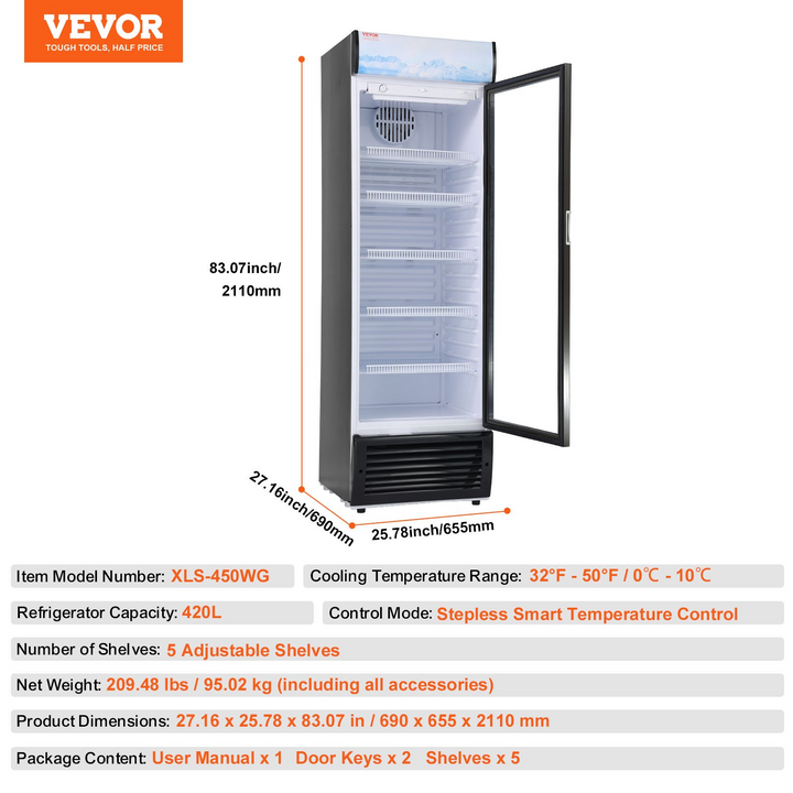 Boho Aesthetic VEVOR Commercial Merchandiser Refrigerator, 14.8 Cu.Ft / 420L Beverage Refrigerator Cooler Merchandiser, Glass Door Display Refrigerator Upright Fridge with 5 Adjustable Shelves, Customizable Lightbox | Biophilic Design Airbnb Decor Furniture 