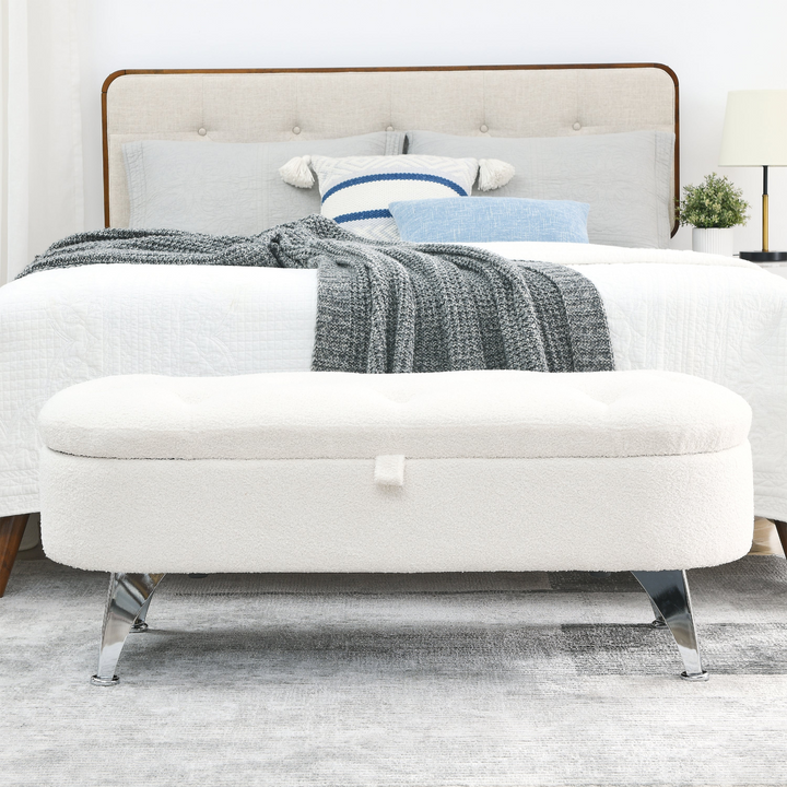 Boho Aesthetic Storage Teddy White (Ivory) Ottoman Bench Upholstered Fabric Storage Bench End of Bed Stool | Biophilic Design Airbnb Decor Furniture 