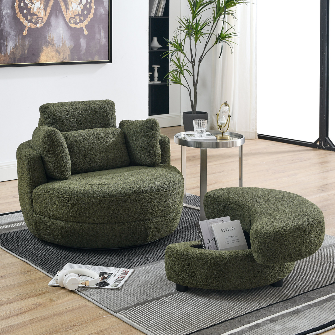 Boho Aesthetic Clermont-Ferrand | Green Oversized Recliner Swivel Chair with Moon Storage Ottoman | Biophilic Design Airbnb Decor Furniture 