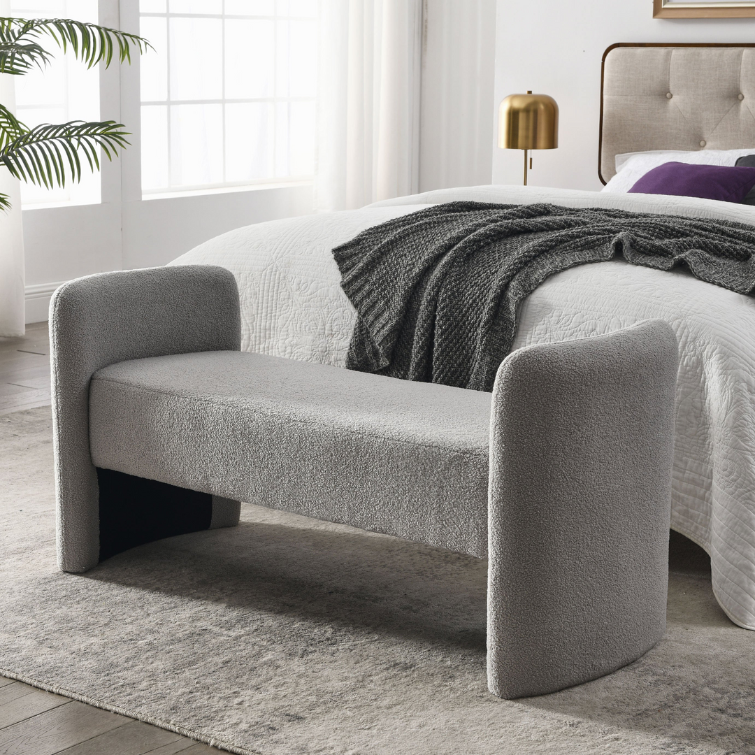 Boho Aesthetic Grey Modern Boho Luxury End of Bed Bench Ottoman Footrest | Biophilic Design Airbnb Decor Furniture 