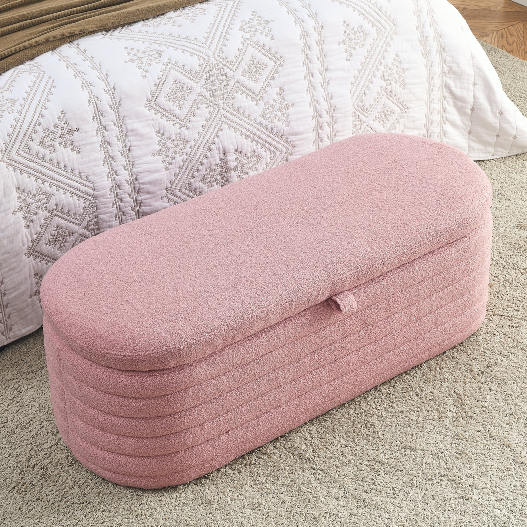 Boho Aesthetic Storage Ottoman Bench Upholstered Fabric Storage Bench End of Bed Stool | Biophilic Design Airbnb Decor Furniture 