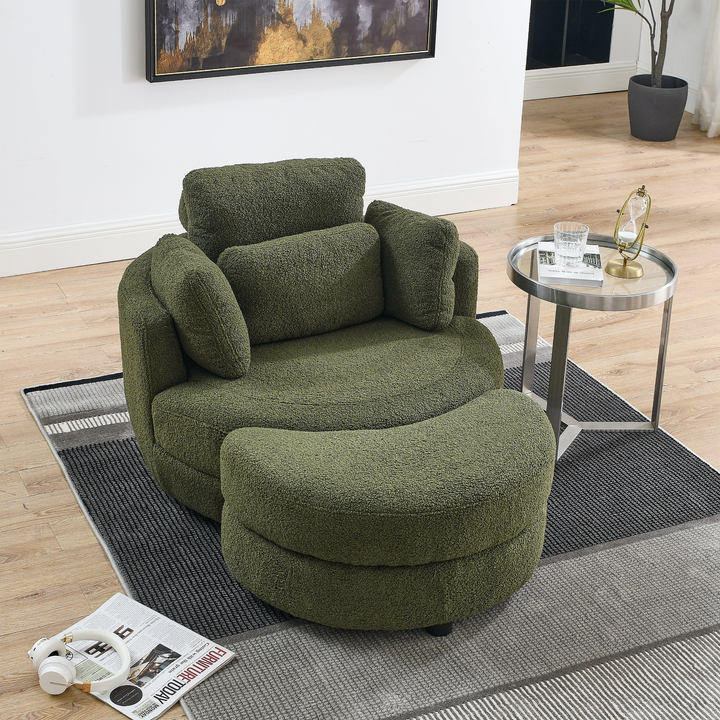 Boho Aesthetic Clermont-Ferrand | Green Oversized Recliner Swivel Chair with Moon Storage Ottoman | Biophilic Design Airbnb Decor Furniture 