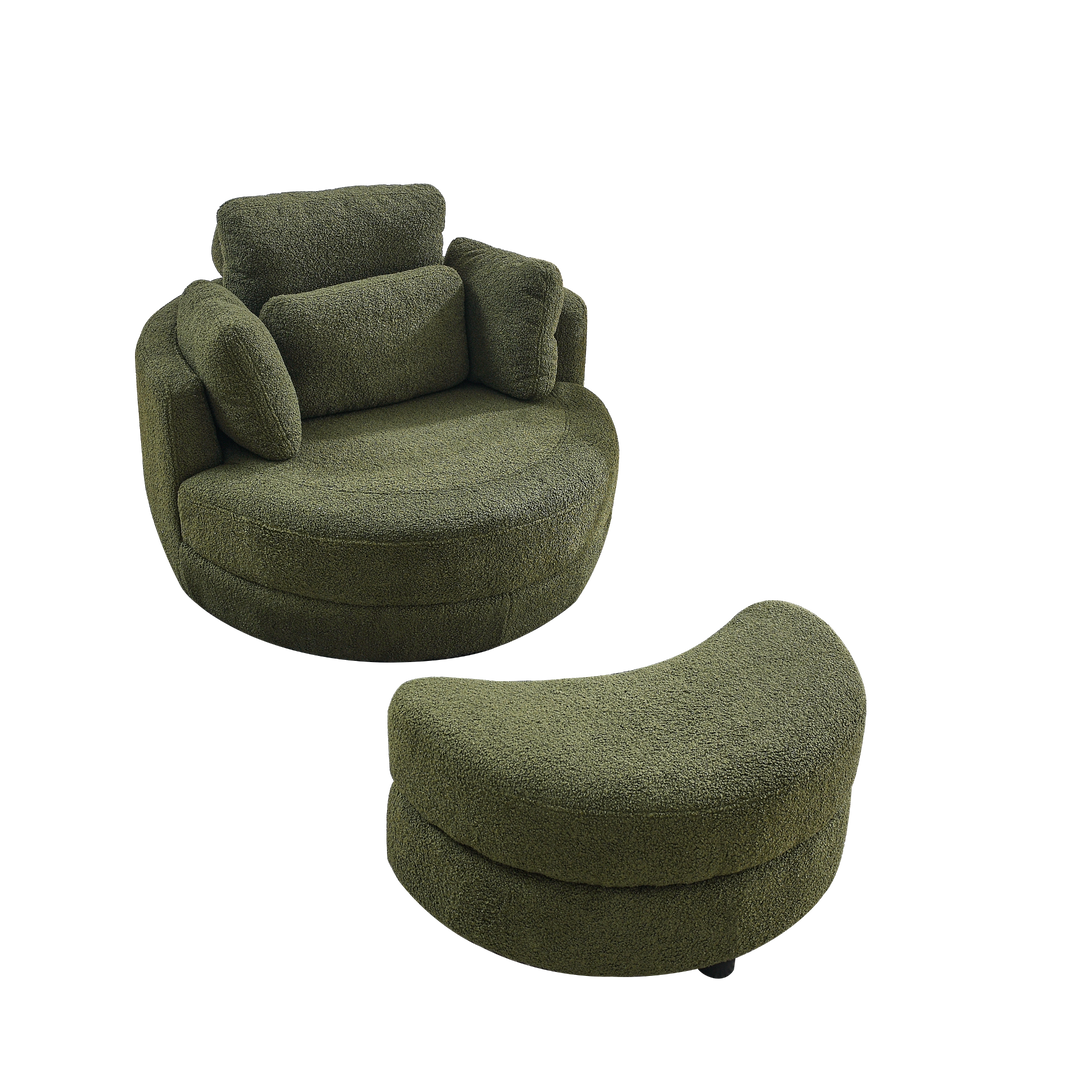 Boho Aesthetic Clermont-Ferrand | Green Oversized Recliner Swivel Chair with Moon Storage Ottoman | Biophilic Design Airbnb Decor Furniture 