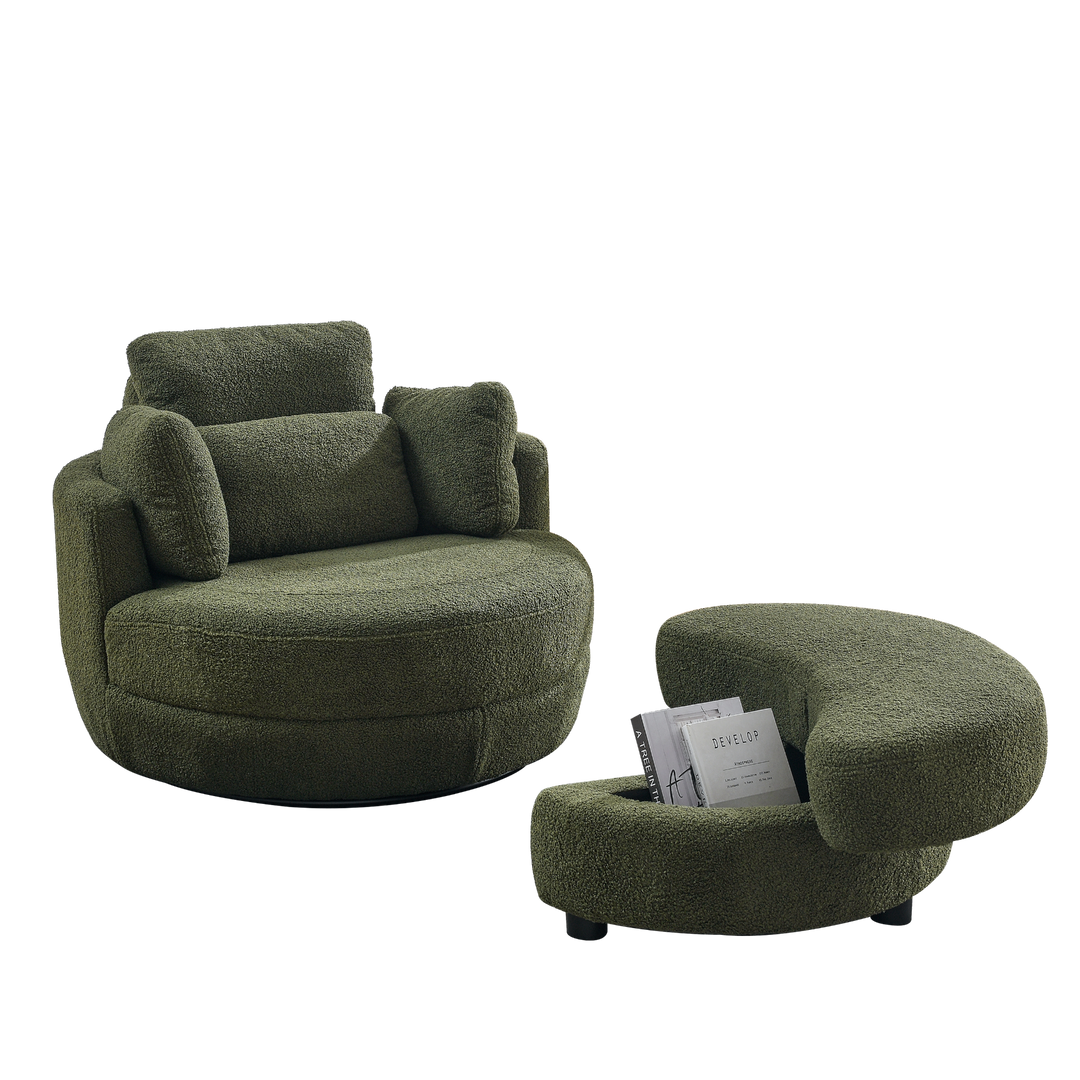 Boho Aesthetic Clermont-Ferrand | Green Oversized Recliner Swivel Chair with Moon Storage Ottoman | Biophilic Design Airbnb Decor Furniture 