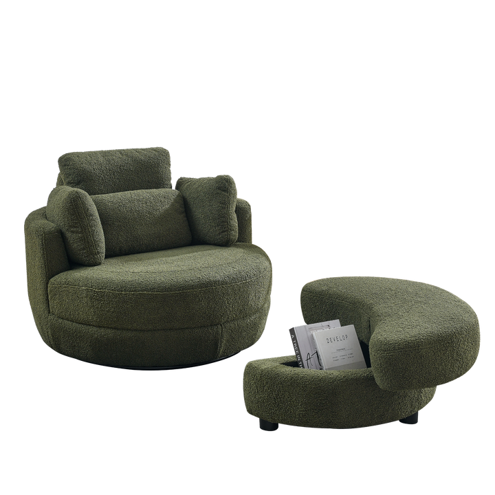 Boho Aesthetic Clermont-Ferrand | Green Oversized Recliner Swivel Chair with Moon Storage Ottoman | Biophilic Design Airbnb Decor Furniture 