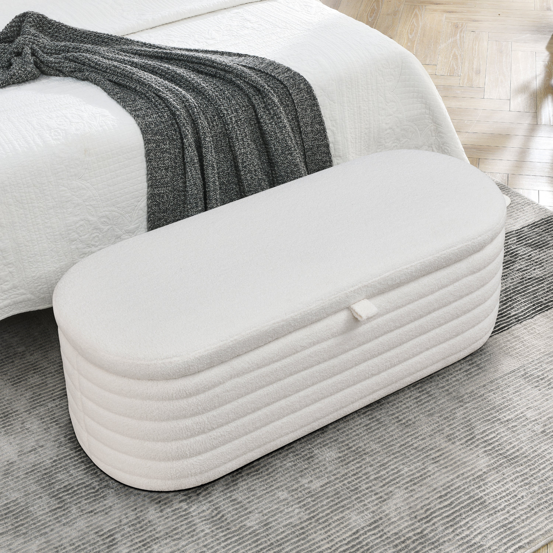 Boho Aesthetic Storage Ottoman Bench Teddy White (Ivory) Upholstered Fabric Storage Bench End of Bed Stool | Biophilic Design Airbnb Decor Furniture 