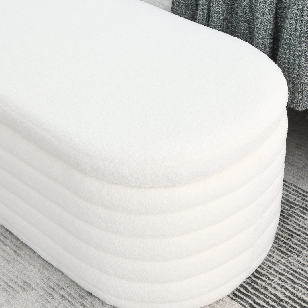 Boho Aesthetic Storage Ottoman Bench Teddy White (Ivory) Upholstered Fabric Storage Bench End of Bed Stool | Biophilic Design Airbnb Decor Furniture 