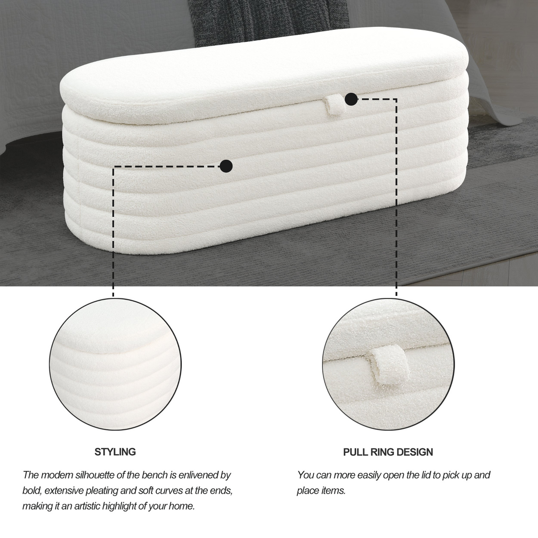 Boho Aesthetic Storage Ottoman Bench Upholstered Fabric Storage Bench End of Bed Stool with Safety Hinge for Bedroom, Living Room, Entryway,Teddy White (Ivory) | Biophilic Design Airbnb Decor Furniture 