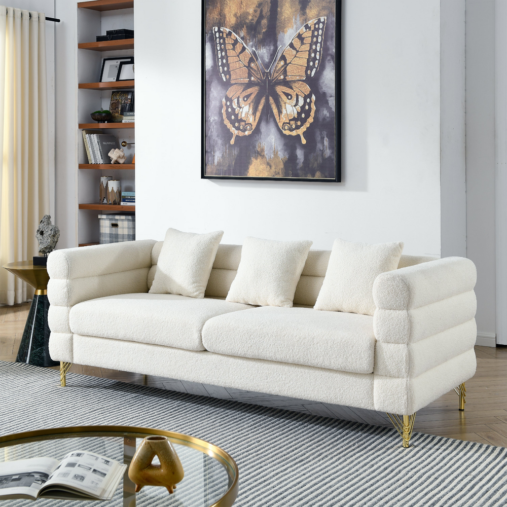 Boho Aesthetic 81 Inch Oversized 3 Seater Sectional Sofa, Living Room Comfort Fabric Sectional Sofa - Deep Seating Sectional Sofa, Soft Sitting with 3 Pillows for Living Room, Bedroom,  etc., White teddy(Ivory) | Biophilic Design Airbnb Decor Furniture 