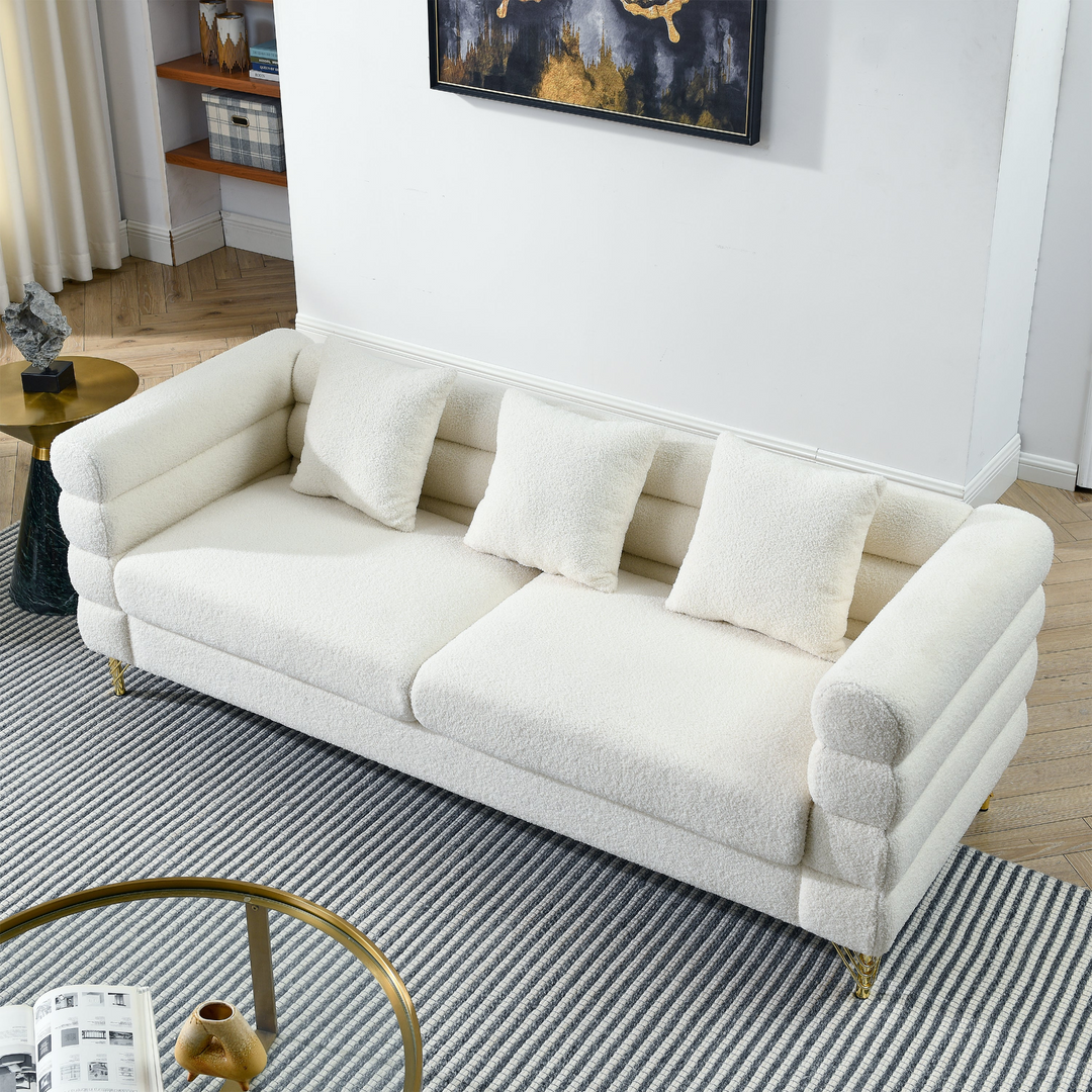 Boho Aesthetic 81 Inch Oversized 3 Seater Sectional Sofa, Living Room Comfort Fabric Sectional Sofa - Deep Seating Sectional Sofa, Soft Sitting with 3 Pillows for Living Room, Bedroom,  etc., White teddy(Ivory) | Biophilic Design Airbnb Decor Furniture 