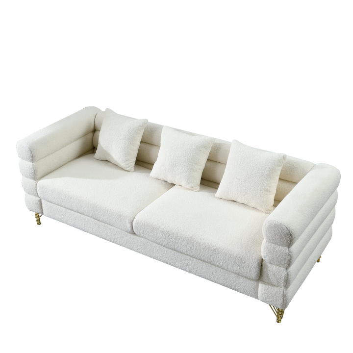 Boho Aesthetic 81 Inch Oversized 3 Seater Sectional Sofa, Living Room Comfort Fabric Sectional Sofa - Deep Seating Sectional Sofa, Soft Sitting with 3 Pillows for Living Room, Bedroom,  etc., White teddy(Ivory) | Biophilic Design Airbnb Decor Furniture 