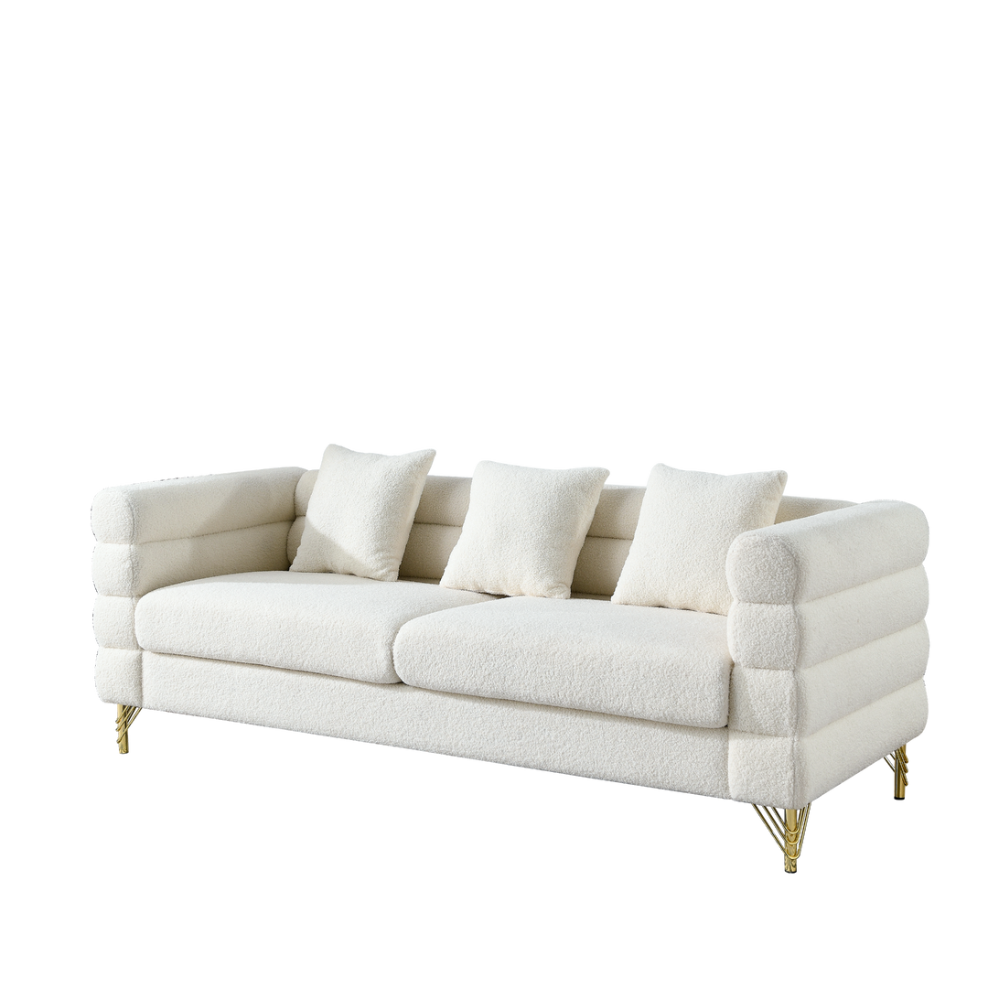 Boho Aesthetic 81 Inch Oversized 3 Seater Sectional Sofa, Living Room Comfort Fabric Sectional Sofa - Deep Seating Sectional Sofa, Soft Sitting with 3 Pillows for Living Room, Bedroom,  etc., White teddy(Ivory) | Biophilic Design Airbnb Decor Furniture 