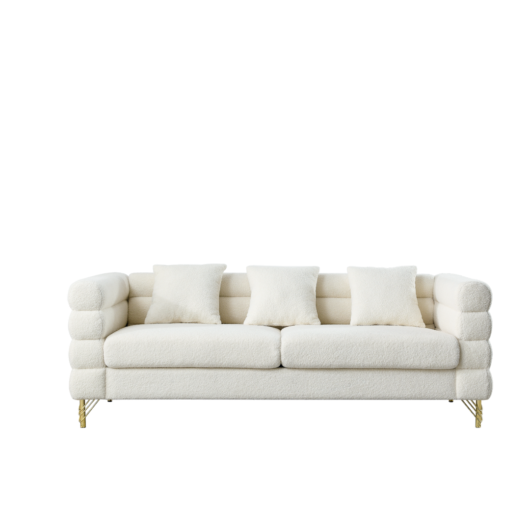 Boho Aesthetic 81 Inch Oversized 3 Seater Sectional Sofa, Living Room Comfort Fabric Sectional Sofa - Deep Seating Sectional Sofa, Soft Sitting with 3 Pillows for Living Room, Bedroom,  etc., White teddy(Ivory) | Biophilic Design Airbnb Decor Furniture 