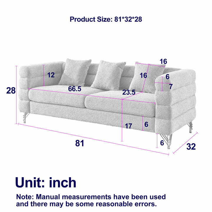 Boho Aesthetic 81 Inch Oversized 3 Seater Sectional Sofa, Living Room Comfort Fabric Sectional Sofa - Deep Seating Sectional Sofa, Soft Sitting with 3 Pillows for Living Room, Bedroom,  etc., White teddy(Ivory) | Biophilic Design Airbnb Decor Furniture 