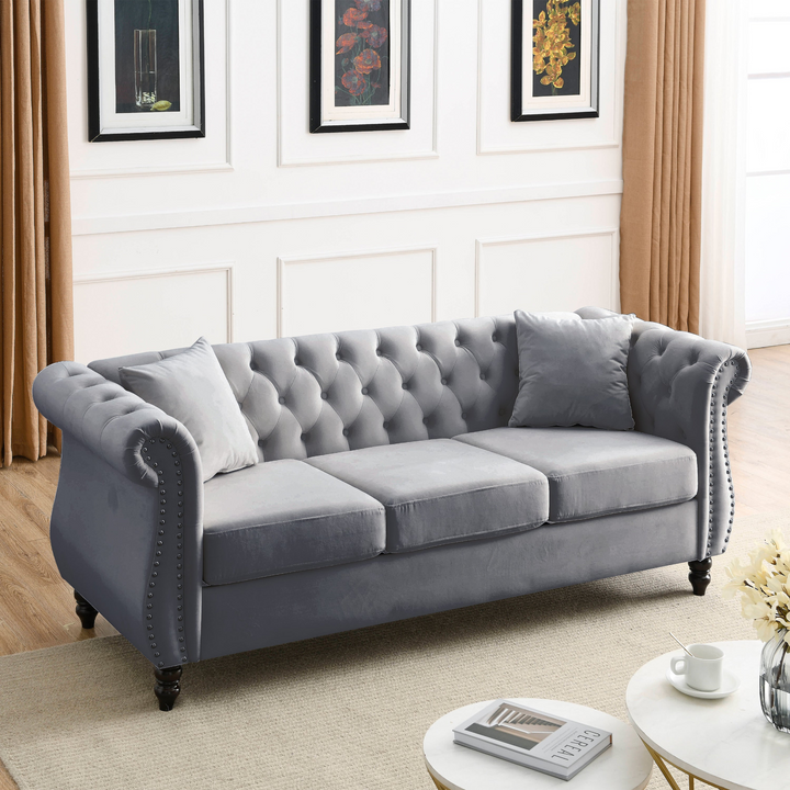 Boho Aesthetic 80" Chesterfield Sofa Grey Velvet for Living Room, 3 Seater Sofa Tufted Couch with Rolled Arms and Nailhead for Living Room, Bedroom, Office, Apartment, two pillows | Biophilic Design Airbnb Decor Furniture 