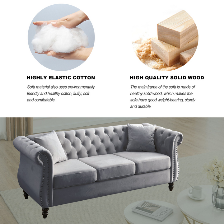 Boho Aesthetic Modern Luxury Italian Chesterfield Sofa Grey Velvet for Living Room | Biophilic Design Airbnb Decor Furniture 