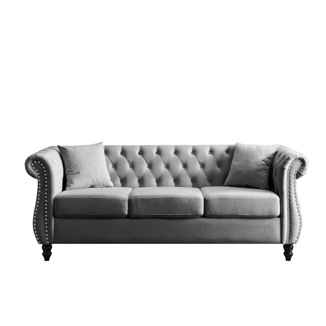 Boho Aesthetic Modern Luxury Italian Chesterfield Sofa Grey Velvet for Living Room | Biophilic Design Airbnb Decor Furniture 