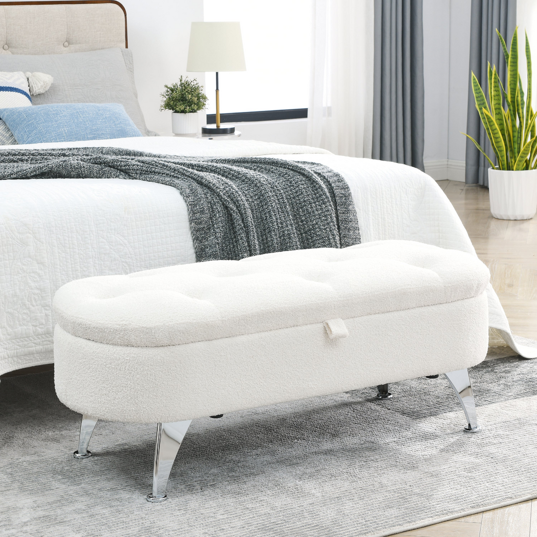 Boho Aesthetic Storage Teddy White (Ivory) Ottoman Bench Upholstered Fabric Storage Bench End of Bed Stool | Biophilic Design Airbnb Decor Furniture 