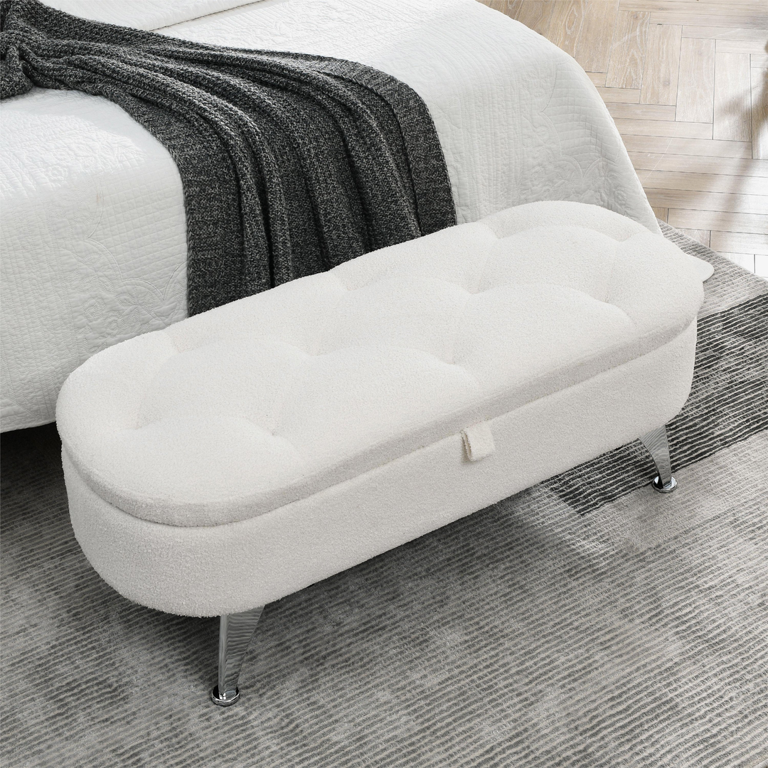 Boho Aesthetic Storage Teddy White (Ivory) Ottoman Bench Upholstered Fabric Storage Bench End of Bed Stool | Biophilic Design Airbnb Decor Furniture 