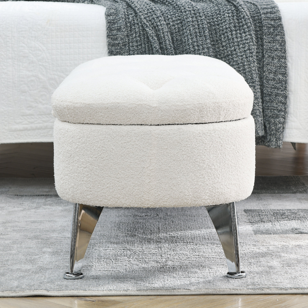 Boho Aesthetic Storage Teddy White (Ivory) Ottoman Bench Upholstered Fabric Storage Bench End of Bed Stool | Biophilic Design Airbnb Decor Furniture 