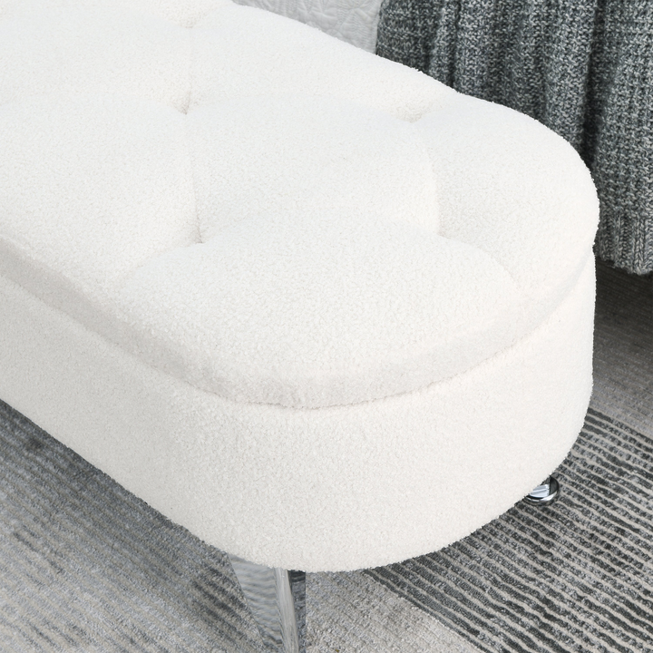 Boho Aesthetic Storage Teddy White (Ivory) Ottoman Bench Upholstered Fabric Storage Bench End of Bed Stool | Biophilic Design Airbnb Decor Furniture 