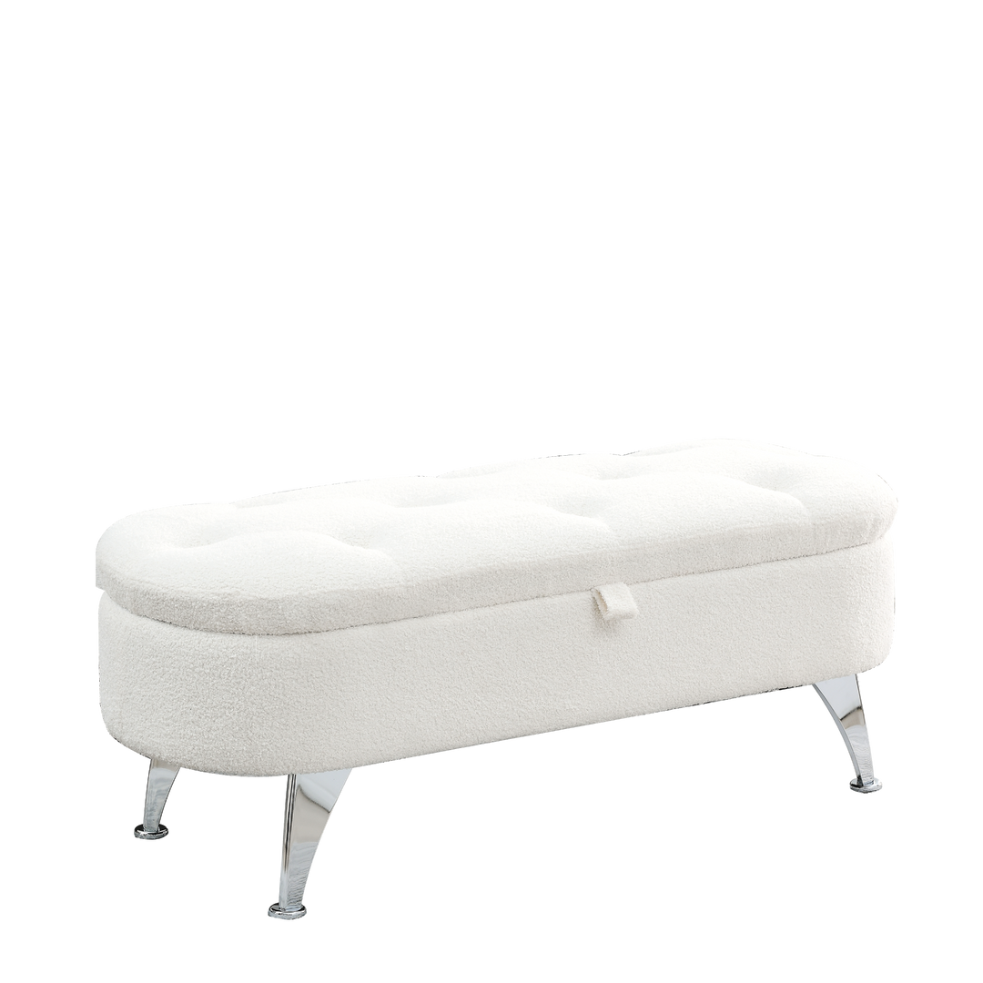 Boho Aesthetic Storage Teddy White (Ivory) Ottoman Bench Upholstered Fabric Storage Bench End of Bed Stool | Biophilic Design Airbnb Decor Furniture 