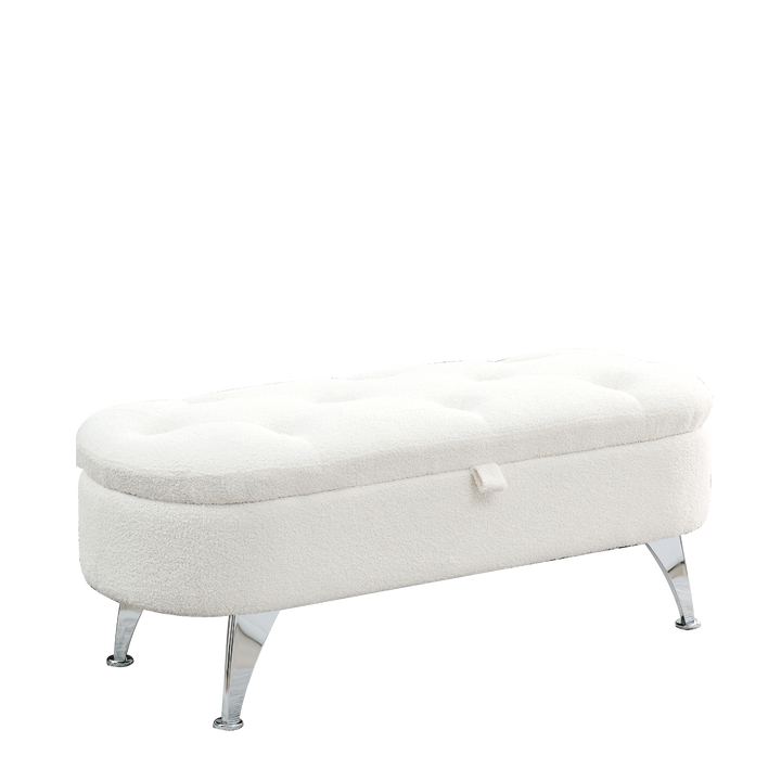 Boho Aesthetic Storage Teddy White (Ivory) Ottoman Bench Upholstered Fabric Storage Bench End of Bed Stool | Biophilic Design Airbnb Decor Furniture 