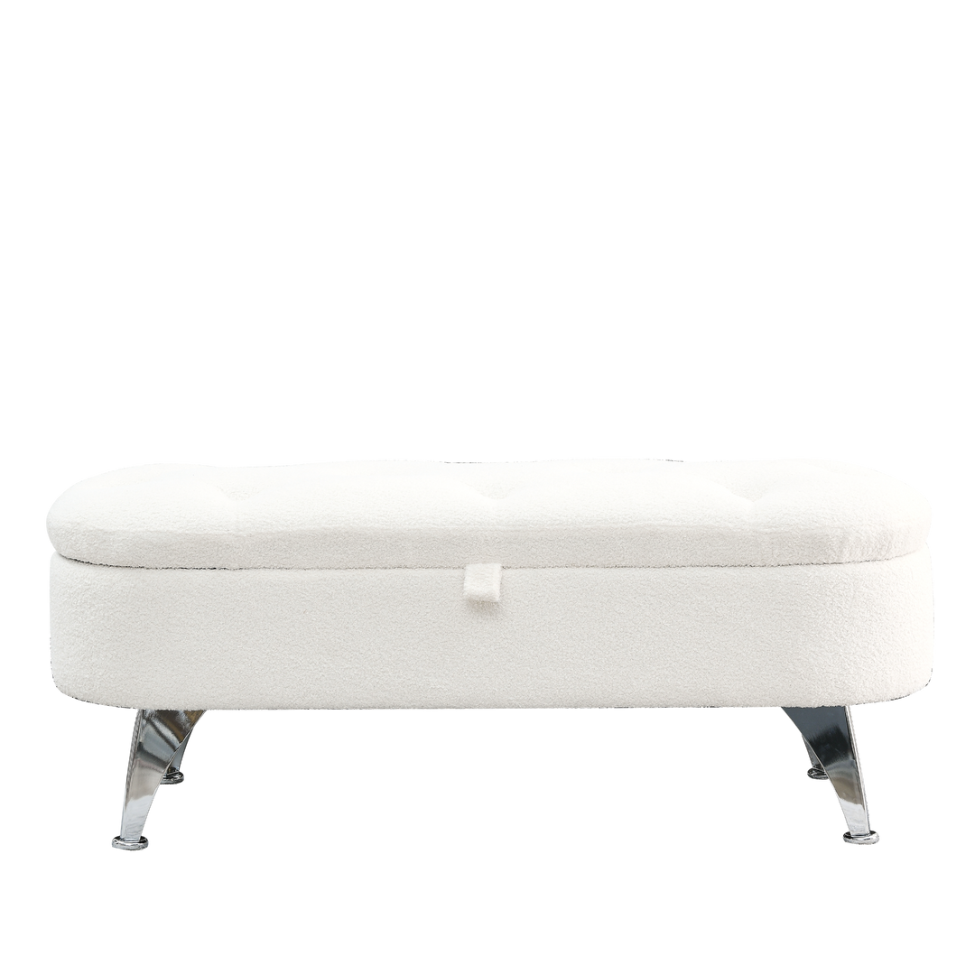 Boho Aesthetic Storage Teddy White (Ivory) Ottoman Bench Upholstered Fabric Storage Bench End of Bed Stool | Biophilic Design Airbnb Decor Furniture 