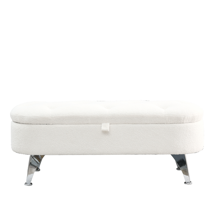 Boho Aesthetic Storage Teddy White (Ivory) Ottoman Bench Upholstered Fabric Storage Bench End of Bed Stool | Biophilic Design Airbnb Decor Furniture 