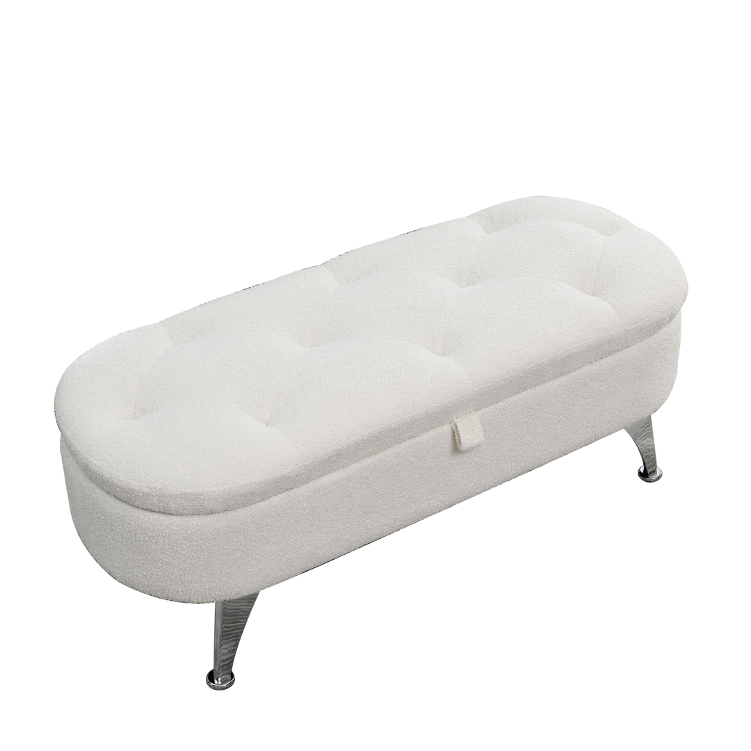 Boho Aesthetic Storage Teddy White (Ivory) Ottoman Bench Upholstered Fabric Storage Bench End of Bed Stool | Biophilic Design Airbnb Decor Furniture 