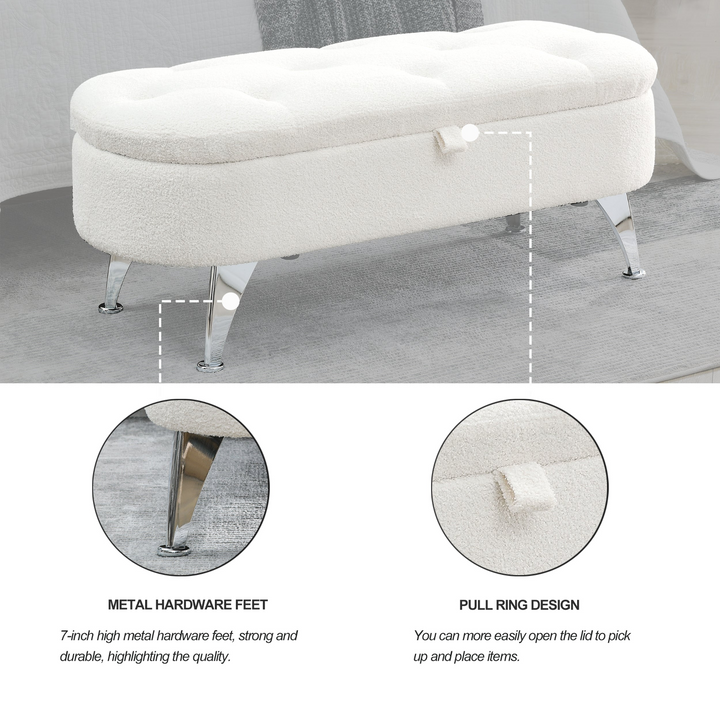 Boho Aesthetic Storage Teddy White (Ivory) Ottoman Bench Upholstered Fabric Storage Bench End of Bed Stool | Biophilic Design Airbnb Decor Furniture 