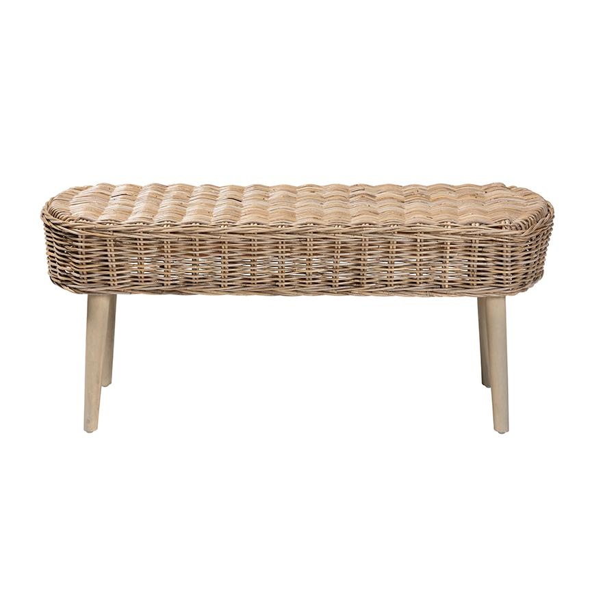 Boho Aesthetic Raisa Modern Bohemian Natural Kubu Rattan and Grey Acacia Wood Accent Bench | Biophilic Design Airbnb Decor Furniture 