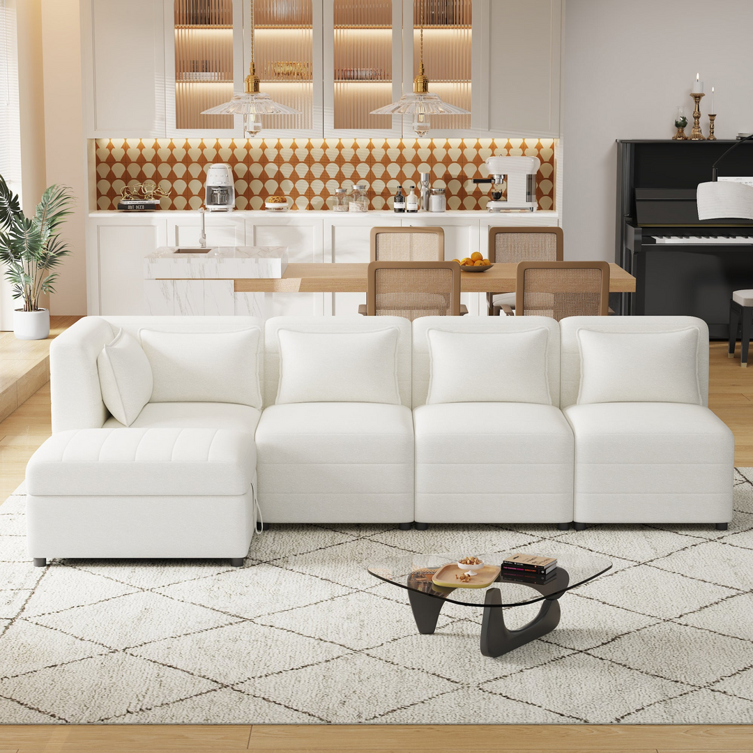 Boho Aesthetic Free-Combined Sectional Sofa 5-seater Modular Couches with Storage Ottoman, 5 Pillows for Living Room, Bedroom, Office, Cream | Biophilic Design Airbnb Decor Furniture 