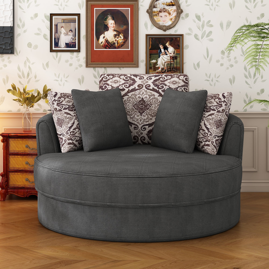 Boho Aesthetic Swivel Accent Barrel Chair with 5 Movable Pillow 360 Degree Swivel Round Sofa Chair for Living Room,Bedroom, Hotel, Grey | Biophilic Design Airbnb Decor Furniture 