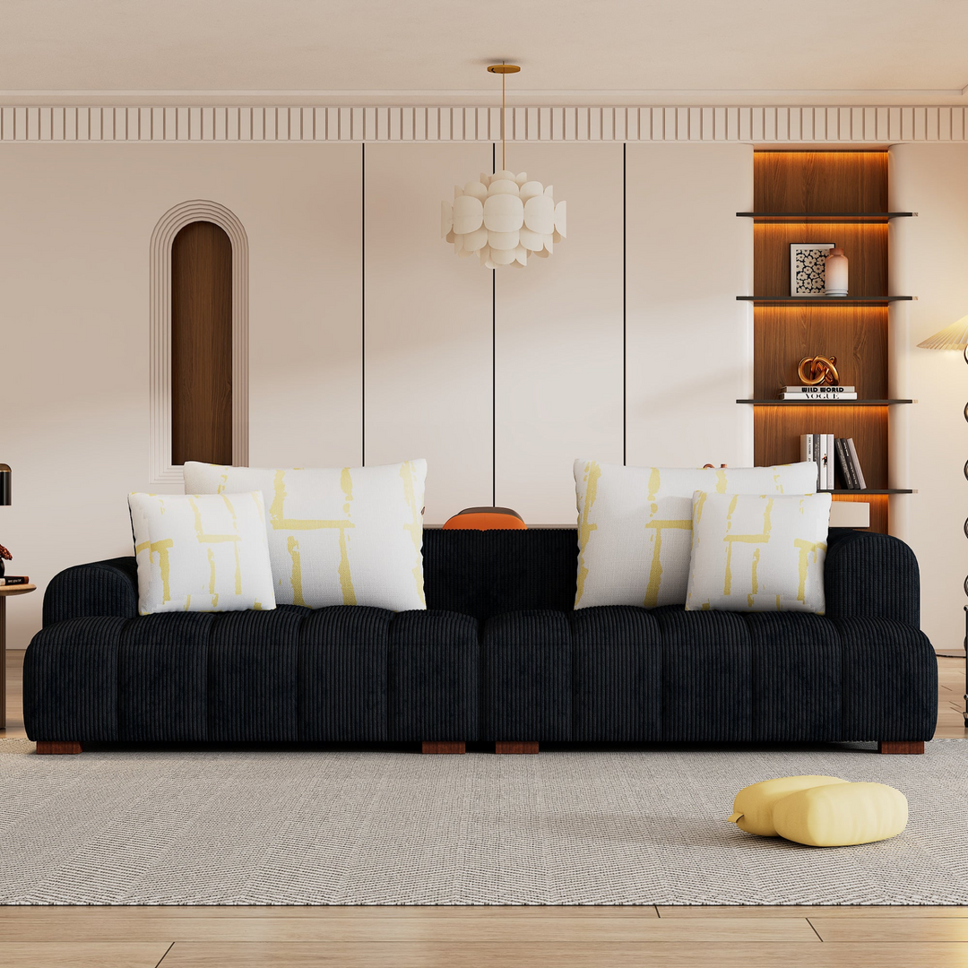Boho Aesthetic Large Luxury Black Corduroy Fabric Modern Boho Sofa Couch | Biophilic Design Airbnb Decor Furniture 