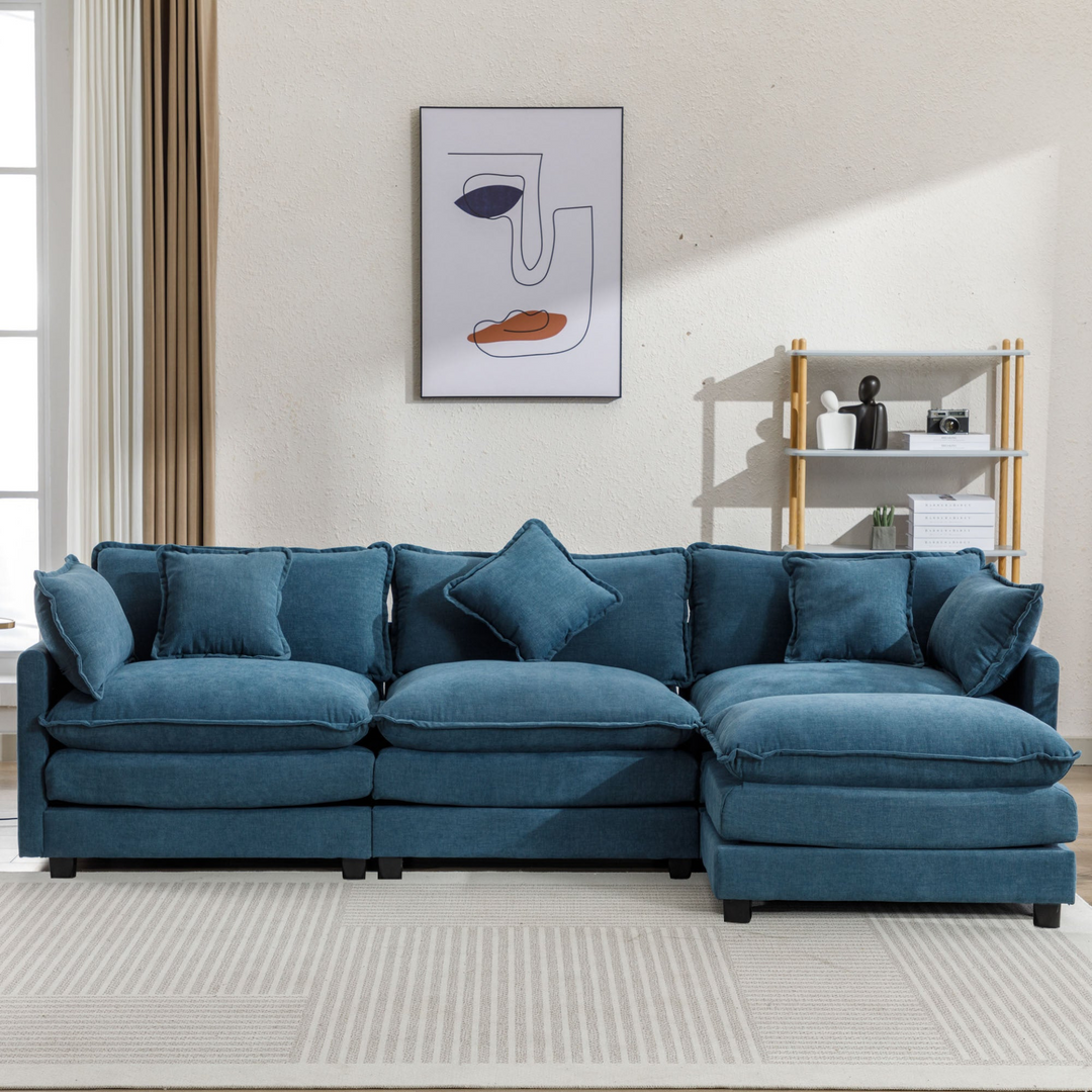 Boho Aesthetic 112.2" L-Shape Chenille Upholstered Sofa for Living Room Modern Luxury Sofa Couch with Ottoman, 5 Pillows, Blue | Biophilic Design Airbnb Decor Furniture 