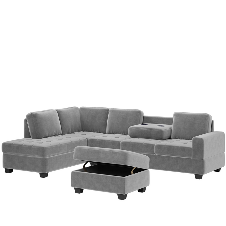 Boho Aesthetic Modern Sectional Sofa with Reversible Chaise, L Shaped  Couch Set with Storage Ottoman and Two Cup Holders for Living Room | Biophilic Design Airbnb Decor Furniture 