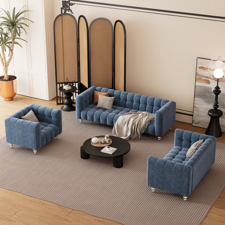 Boho Aesthetic Modern 3-piece sofa set with solid wood legs, buttoned tufted backrest, Dutch fleece upholstered sofa set including three-seater sofa, double seat and living room furniture set single chair, blue | Biophilic Design Airbnb Decor Furniture 