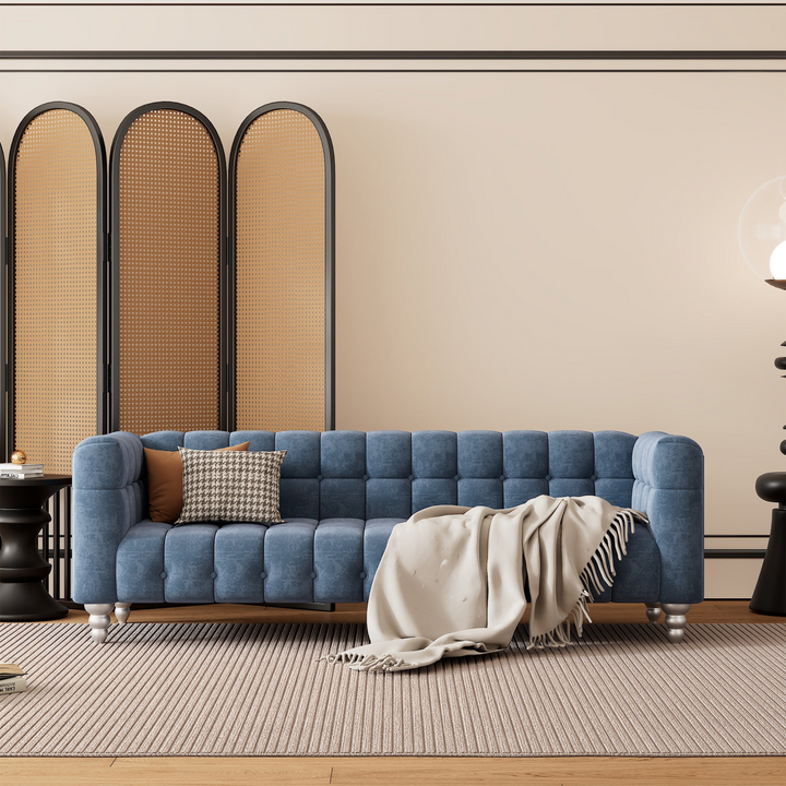 Boho Aesthetic Le Trieste | Blue Modern Luxury Bubble Dutch Fluff Upholstered Sofa | Biophilic Design Airbnb Decor Furniture 