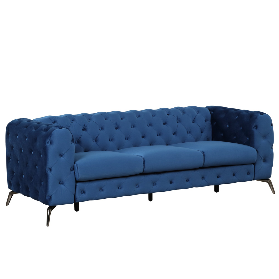 Boho Aesthetic 85.5" Velvet Upholstered Sofa with Sturdy Metal Legs,Modern Sofa Couch with Button Tufted Back, 3 Seater Sofa Couch for Living Room,Apartment,Home Office,Blue | Biophilic Design Airbnb Decor Furniture 