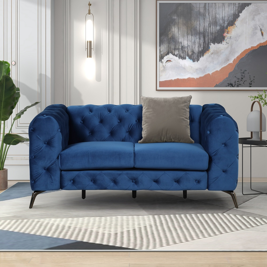 Boho Aesthetic 63" Velvet Upholstered Loveseat Sofa,Modern Loveseat Sofa with Button Tufted Back,2-Person Loveseat Sofa Couch for Living Room,Bedroom,or Small Space,Blue | Biophilic Design Airbnb Decor Furniture 